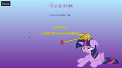 Size: 1061x597 | Tagged: safe, artist:futzi01, twilight sparkle, alicorn, pony, g4, abuse, female, game, game over, hitting, horn, mare, ouch, scepter, sitting, smiling, text, twilight scepter, twilight sparkle (alicorn), twilybuse, unamused, vine slicer, wings