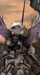 Size: 2209x4150 | Tagged: safe, artist:pridark, oc, oc only, oc:lyum, pegasus, pony, fallout equestria, armor, colored wings, commission, eyebrows, eyebrows visible through hair, frown, helmet, high res, looking at you, multicolored wings, pegasus oc, ruins, solo, spread wings, steel ranger, wasteland, wings