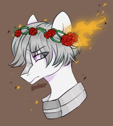 Size: 944x1052 | Tagged: safe, artist:deneiorr, oc, oc:light knight, pony, armor, bust, crown of thorns, fire, flower, knight, rose, solo