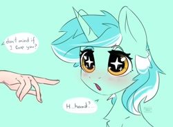 Size: 3183x2325 | Tagged: safe, artist:radioaxi, lyra heartstrings, human, pony, unicorn, g4, :o, anime face, blushing, cute, dialogue, disembodied hand, eyes on the prize, female, hand, high res, imminent boop, implied boop, light blue background, lyrabetes, mare, offscreen character, offscreen human, open mouth, simple background, solo focus, speech bubble, starry eyes, that pony sure does love hands, wingding eyes