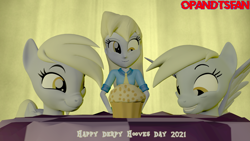 Size: 3840x2160 | Tagged: safe, artist:optimussparkle, derpy hooves, pegasus, pony, equestria girls, g4, 3d, derpy day, food, high res, muffin, source filmmaker