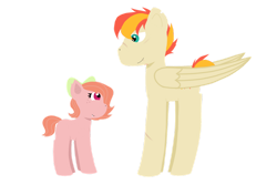 Size: 1280x854 | Tagged: safe, artist:meiodrama, oc, oc:harvest peach, oc:sunburn, earth pony, pegasus, pony, blank flank, brother and sister, colt, cute, cute little fangs, fangs, female, filly, freckles, male, offspring, parent:big macintosh, parent:fluttershy, parents:fluttermac, siblings, simple background, transparent background