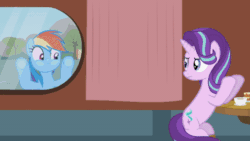 Size: 520x293 | Tagged: safe, artist:agrol, rainbow dash, starlight glimmer, sunburst, pegasus, pony, unicorn, choose your wings, :<, :t, amulet, amulet of wings, animated, annoyed, awkward, awkward moment, date, funny face, gif, magic, moment killer, peeking, research, restaurant, starlight glimmer is not amused, unamused