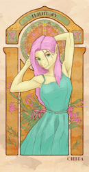 Size: 1280x2464 | Tagged: safe, artist:tim8i, fluttershy, anthro, g4, armpits, breasts, busty fluttershy, cleavage, clothes, dress, female, solo