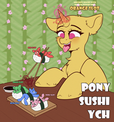 Size: 3000x3200 | Tagged: safe, artist:etoz, oc, oc only, pony, unicorn, advertisement, auction, auction open, blushing, butt, commission, fetish, flower, food, generic pony, happy, high res, imminent vore, lying down, magic, magic aura, micro, mouth, open mouth, person as food, plot, ponies in food, ponies in sushi, rice, scared, sleeping, smiling, sushi, table, tongue out, ych sketch, your character here