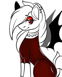 Size: 1080x1350 | Tagged: safe, artist:tessa_key_, oc, oc only, bat pony, pony, bat pony oc, bat wings, bedroom eyes, ear piercing, earring, eyelashes, floating wings, jewelry, partial color, piercing, simple background, sitting, smiling, solo, white background, wings