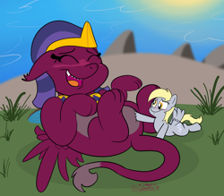 Size: 4320x3791 | Tagged: safe, artist:rupert, derpy hooves, the sphinx, pegasus, pony, sphinx, g4, behaving like a cat, belly, bellyrubs, blushing, cute, derp, desert, eyes closed, featureless crotch, female, kitty sphinx, lying down, mare, oasis, on back, pale belly, prone, pyramid, rubbing, smiling, sphinxdorable, spread wings, teeth, wingboner, wings