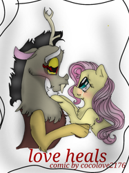 Size: 899x1200 | Tagged: safe, artist:cocolove2176, discord, fluttershy, draconequus, pegasus, pony, comic:love heals, g4, blushing, bust, comic, cover art, crying, duo, eyelashes, female, male, mare, open mouth, ship:discoshy, shipping, smiling, straight, tears of joy