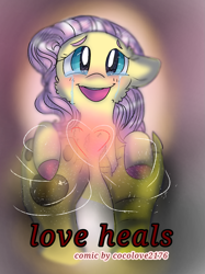 Size: 899x1200 | Tagged: safe, artist:cocolove2176, discord, fluttershy, draconequus, pegasus, pony, comic:love heals, g4, :d, blushing, bust, comic, cover art, crying, eyelashes, female, heart, holding a pony, male, male pov, mare, offscreen character, open mouth, pov, ship:discoshy, shipping, smiling, straight, tears of joy