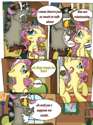 Size: 899x1200 | Tagged: safe, artist:cocolove2176, discord, fluttershy, draconequus, pegasus, pony, comic:love heals, g4, bust, comic, dialogue, duo, eyelashes, female, floppy ears, indoors, male, mare, open mouth, ship:discoshy, shipping, smiling, straight