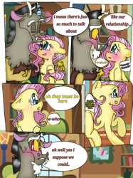 Size: 899x1200 | Tagged: safe, alternate version, artist:cocolove2176, discord, fluttershy, draconequus, pegasus, pony, comic:love heals, g4, blushing, bust, comic, dialogue, duo, eyelashes, female, floppy ears, indoors, male, mare, open mouth, ship:discoshy, shipping, smiling, straight