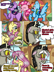 Size: 899x1200 | Tagged: safe, artist:cocolove2176, discord, fluttershy, pinkie pie, rainbow dash, twilight sparkle, draconequus, earth pony, pegasus, pony, unicorn, comic:love heals, g4, blushing, bust, comic, dialogue, duo, eyelashes, eyes closed, female, indoors, male, mare, open mouth, raised hoof, ship:discoshy, shipping, smiling, straight, teeth, trio, trio female, unicorn twilight