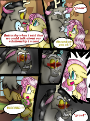 Size: 899x1200 | Tagged: safe, artist:cocolove2176, discord, fluttershy, draconequus, pegasus, pony, comic:love heals, g4, angry, bust, comic, crying, dialogue, duo, eyelashes, eyes closed, female, floppy ears, groan, growl, indoors, male, mare, onomatopoeia, open mouth, ship:discoshy, shipping, smiling, straight, tears of fear, teeth