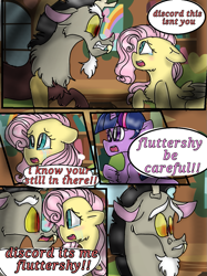 Size: 899x1200 | Tagged: safe, artist:cocolove2176, discord, fluttershy, twilight sparkle, draconequus, pegasus, pony, unicorn, comic:love heals, g4, angry, bust, comic, crying, dialogue, duo, eyelashes, female, gritted teeth, indoors, male, mare, open mouth, ship:discoshy, shipping, straight, teeth, unicorn twilight