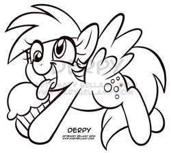 Size: 558x500 | Tagged: safe, artist:marybellamy, derpy hooves, pony, g4, design, food, lineart, monochrome, muffin, open mouth, solo, tongue out, watermark