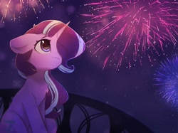 Size: 3350x2500 | Tagged: safe, artist:radioaxi, starlight glimmer, pony, unicorn, g4, balcony, commission, female, fireworks, floppy ears, hair over one eye, high res, mare, night, outdoors, solo