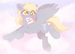 Size: 2156x1564 | Tagged: safe, artist:adostume, derpy hooves, pegasus, pony, g4, adorkable, blushing, cloud, cute, cutie mark, dork, eyelashes, female, fluffy, flying, happy, mare, mouth hold, pink sky, positive message, positive ponies, raised hoof, sky, solo, sparkles, wholesome, wings