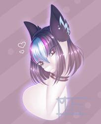 Size: 1521x1860 | Tagged: safe, artist:minelvi, oc, oc only, earth pony, pony, abstract background, bust, choker, ear fluff, earth pony oc, signature, solo
