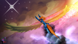 Size: 3840x2160 | Tagged: safe, artist:brainiac, spitfire, pegasus, pony, g4, clothes, female, flying, high res, large wings, mare, solo, uniform, wings, wonderbolts uniform