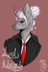 Size: 690x1024 | Tagged: safe, artist:yoonah, oc, oc only, unicorn, anthro, black sclera, bust, clothes, horn, necktie, signature, simple background, solo, unicorn oc