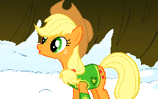Size: 223x140 | Tagged: safe, edit, edited screencap, screencap, applejack, earth pony, pony, g4, season 1, winter wrap up, animated, applejack's hat, clothes, cowboy hat, cropped, cute, female, floppy ears, freckles, gif, gif for breezies, happy, hat, hoofy-kicks, horses doing horse things, jackabetes, loop, mare, open mouth, picture for breezies, rearing, reversed, snow, solo, talking, vest, winter wrap up vest, yeehaw