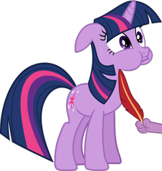Size: 3000x3164 | Tagged: safe, artist:frownfactory, spike, twilight sparkle, dragon, pony, unicorn, g4, it's about time, cutie mark, duo, ears back, feather, female, high res, holding breath, horn, male, mare, multicolored mane, multicolored tail, offscreen character, puffy cheeks, purple eyes, simple background, standing, sweat, sweatdrops, tail, tickle torture, tickling, transparent background, unicorn twilight, vector