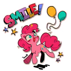 Size: 950x950 | Tagged: safe, artist:yanana_ua, pinkie pie, earth pony, pony, g4, balloon, blush sticker, blushing, cute, diapinkes, female, grainy, mare, open mouth, simple background, smiling, solo, starry eyes, stars, white background, wingding eyes