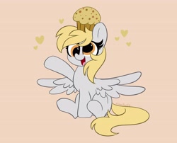 Size: 4096x3307 | Tagged: safe, artist:kittyrosie, derpy hooves, pegasus, pony, g4, blushing, cute, derpabetes, food, muffin, open mouth, sitting, solo, spread wings, wings