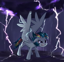 Size: 998x972 | Tagged: safe, artist:switchsugar, oc, oc only, pegasus, pony, cloud, lightning, rain, solo, spread wings, wings