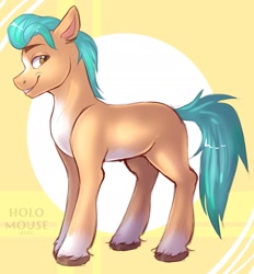 Size: 2279x2458 | Tagged: safe, artist:holomouse, hitch trailblazer, earth pony, pony, g5, blaze (coat marking), coat markings, ear fluff, facial markings, floppy ears, high res, looking at you, male, missing cutie mark, pale belly, simple background, smiling, smiling at you, smirk, socks (coat markings), solo, stallion, unshorn fetlocks