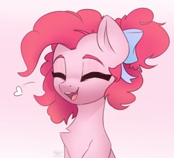 Size: 2742x2500 | Tagged: safe, artist:radioaxi, pinkie pie, earth pony, pony, g4, alternate hairstyle, bow, bust, chest fluff, cute, diapinkes, eyes closed, female, hair bow, heart, high res, mare, open mouth, ponk, portrait, smiling, solo, three quarter view