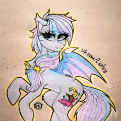 Size: 2726x2713 | Tagged: source needed, safe, artist:liatry, oc, oc only, oc:dreamyway skies, bat pony, pony, bat pony oc, commission, female, hair accessory, high res, looking at you, mare, pony oc, signature, simple background, solo, traditional art