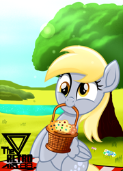 Size: 1300x1810 | Tagged: safe, artist:theretroart88, derpy hooves, pegasus, pony, g4, basket, derp, female, food, mouth hold, muffin, picnic, river, sitting, solo, sunlight, water