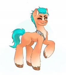 Size: 1810x2048 | Tagged: safe, artist:p0nyplanet, hitch trailblazer, earth pony, pony, g5, abstract background, blushing, chest fluff, grin, looking at you, male, one eye closed, raised hoof, smiling, solo, stallion, teeth, unshorn fetlocks, wink