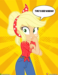 Size: 3090x4000 | Tagged: safe, artist:dieart77, applejack, equestria girls, five to nine, g4, my little pony equestria girls: better together, clothes, denim, dialogue, female, freckles, high res, jeans, pants, rosie the riveter, solo, speech bubble