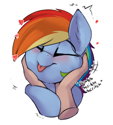 Size: 2226x2457 | Tagged: safe, alternate character, alternate version, artist:beardie, part of a set, rainbow dash, human, pegasus, pony, g4, :p, beardies scritching ponies, blushing, commission, cute, dashabetes, disembodied hand, eyes closed, female, floating heart, hand, happy, heart, high res, mare, onomatopoeia, petting, tongue out, ych result