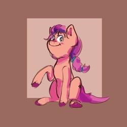 Size: 2000x2000 | Tagged: safe, artist:cr0_1__, sunny starscout, earth pony, pony, g5, abstract background, braid, female, high res, looking at you, mare, raised hoof, sitting, smiling, solo