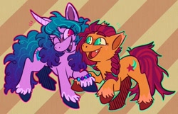 Size: 1121x721 | Tagged: safe, artist:hebitonetsu, izzy moonbow, sunny starscout, earth pony, pony, unicorn, g5, abstract background, bracelet, duo, fangs, female, freckles, jewelry, looking at each other, mare, one eye closed, open mouth, raised hoof, teeth
