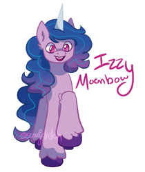 Size: 621x738 | Tagged: safe, artist:scarfsketch, izzy moonbow, pony, unicorn, g5, female, mare, open mouth, raised hoof, signature, simple background, solo, text, unshorn fetlocks, white background