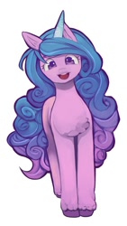 Size: 675x1200 | Tagged: safe, artist:isattt_, izzy moonbow, pony, unicorn, g5, chest fluff, cute, ear fluff, female, izzybetes, looking at you, mare, open mouth, simple background, solo, unshorn fetlocks, white background