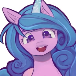 Size: 649x649 | Tagged: safe, artist:isattt_, izzy moonbow, pony, unicorn, g5, bust, cute, ear fluff, female, izzybetes, looking at you, mare, open mouth, portrait, simple background, solo, white background