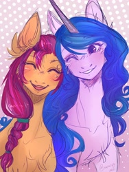 Size: 3000x4000 | Tagged: safe, artist:monogy_, izzy moonbow, sunny starscout, earth pony, pony, unicorn, g5, abstract background, blushing, braid, chest fluff, duo, ear fluff, eyes closed, female, high res, mare, one eye closed, smiling