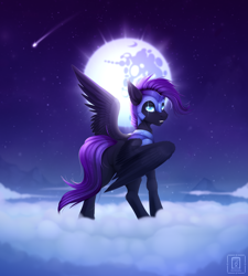 Size: 5315x5906 | Tagged: oc name needed, safe, artist:buvanybu, oc, oc only, pegasus, pony, g4, absurd resolution, armor, butt, cloud, commission, fangs, featureless crotch, looking back, mare in the moon, moon, night, on a cloud, plot, shooting star, solo, standing on a cloud