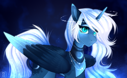 Size: 2559x1575 | Tagged: safe, artist:buvanybu, princess luna, alicorn, pony, g4, alternate design, blue background, colored pupils, colored wings, colored wingtips, fanart, female, folded wings, glowing, glowing mane, glowing tail, gradient horn, halo, horn, jewelry, mare, necklace, pale belly, peytral, simple background, solo, sparkly wings, standing, tail, two toned wings, white-haired luna, wings
