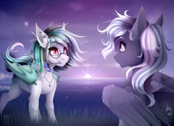 Size: 6496x4724 | Tagged: oc name needed, safe, artist:buvanybu, oc, oc only, bat pony, pegasus, pony, absurd resolution, bat pony oc, commission, ear piercing, earring, flower, flower in mouth, glasses, grass, hair accessory, jewelry, looking at each other, mouth hold, pegasus oc, pendant, piercing, round glasses, shooting star, twilight (astronomy)