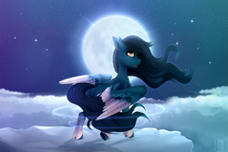 Size: 3543x2362 | Tagged: safe, artist:buvanybu, oc, oc only, oc:daybreak, pegasus, pony, cloud, high res, looking back, moon, night, sky, solo, two toned wings, windswept mane, wings
