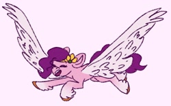 Size: 2048x1275 | Tagged: safe, artist:berryb0vine, pipp petals, pegasus, pony, g5, eyes closed, female, mare, open mouth, simple background, solo, spread wings, unshorn fetlocks, white background, wings