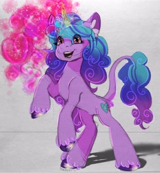 Size: 1902x2048 | Tagged: safe, artist:creatureindex, izzy moonbow, pony, unicorn, g5, ear fluff, female, glowing horn, heart, horn, leonine tail, mare, open mouth, raised hoof, solo, tail, unshorn fetlocks