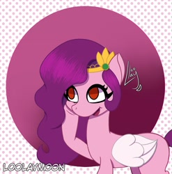 Size: 2026x2048 | Tagged: safe, artist:loolaymoon, pipp petals, pegasus, pony, g5, abstract background, adorapipp, cute, female, high res, mare, open mouth, raised hoof, red eyes, red-eyed pipp, signature, solo, text