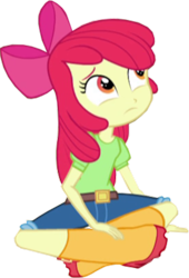 Size: 1087x1600 | Tagged: safe, edit, edited screencap, screencap, apple bloom, equestria girls, g4, my little pony equestria girls: rainbow rocks, apple bloom's bow, background removed, belt, boots, bow, clothes, cropped, hair bow, jeans, looking up, not a vector, pants, rain boots, shirt, shoes, sitting, solo
